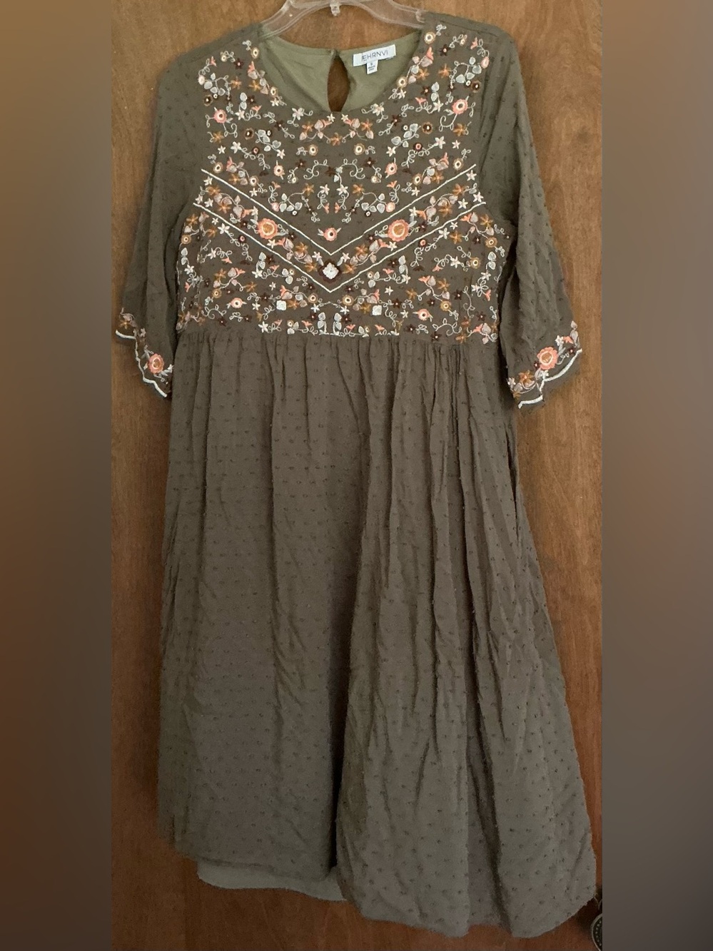 FEHRNVI OliveGreen Embroidered Dress S Boho Floral BellSleeve MiniSmock Babydoll